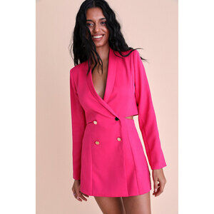 Lulus Ahead Of The Trend Hot Pink Long Sleeve Blazer Romper - Size L
